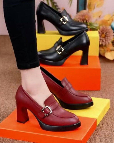 2025 nuevos zapatos de piel con tacon grueso y puntiagudo 