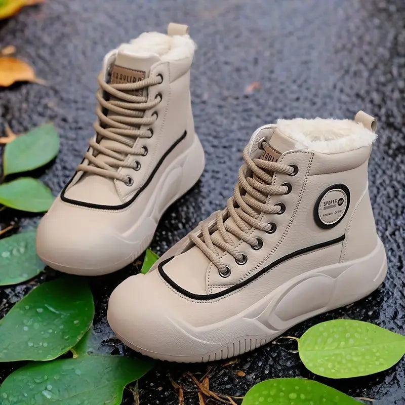 Damen-Baumwollstiefel mit Plateau und dicker Sohle.