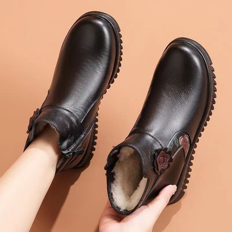 Damen-Baumwollstiefel aus Leder (seitliche Blumenmuster)