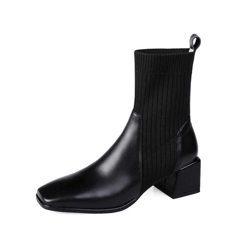 High-heeled boots with a square toe