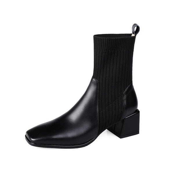 High-heeled boots with a square toe