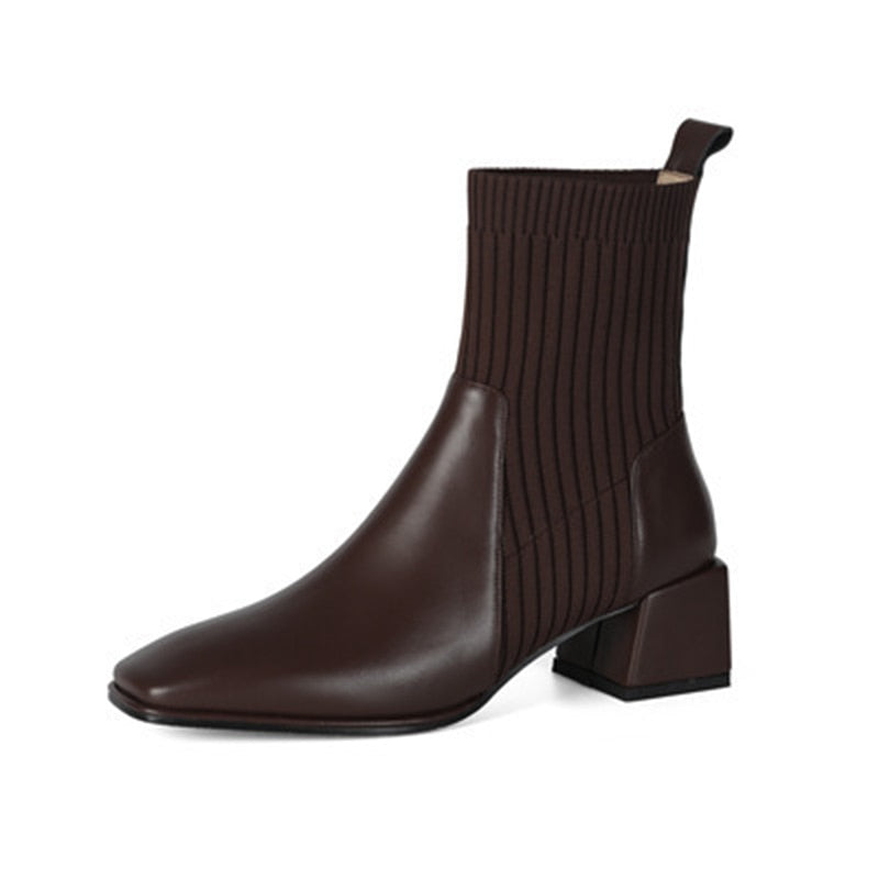 High-heeled boots with a square toe